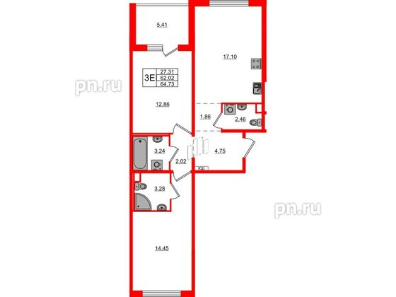 Квартира в ЖК ЛесArt, 2 комнатная, 64.73 м², 2 этаж