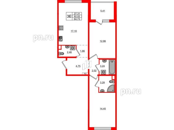 Квартира в ЖК ЛесArt, 2 комнатная, 64.73 м², 2 этаж