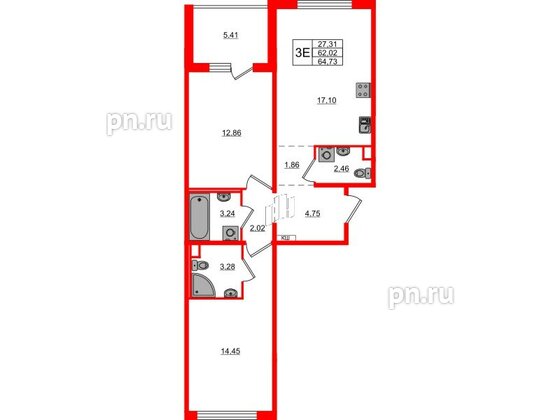 Квартира в ЖК ЛесArt, 2 комнатная, 64.73 м², 2 этаж