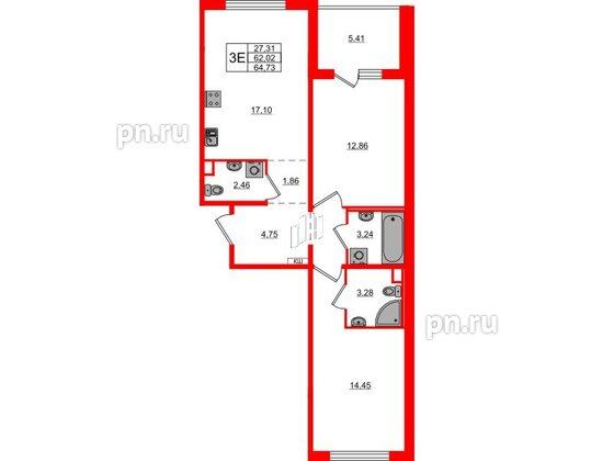 Квартира в ЖК ЛесArt, 2 комнатная, 64.73 м², 4 этаж