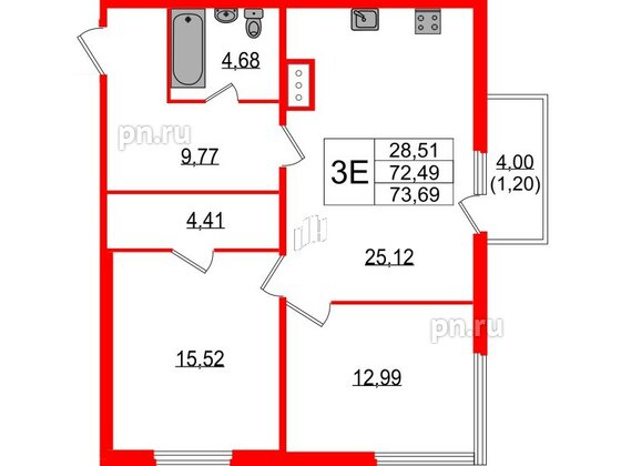 Квартира в ЖК Белевский клуб, 2 комнатная, 73.69 м², 3 этаж