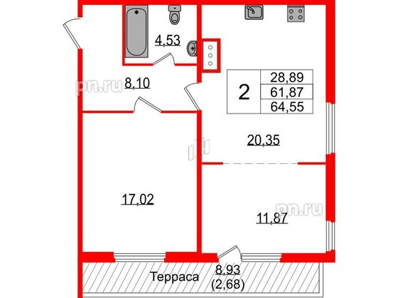 Квартира в ЖК Белевский клуб, 2 комнатная, 64.55 м², 8 этаж