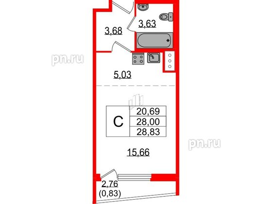 Квартира в ЖК Белевский клуб, студия, 28.83 м², 3 этаж