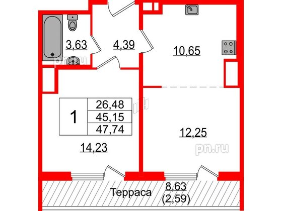 Квартира в ЖК Белевский клуб, 1 комнатная, 47.74 м², 8 этаж