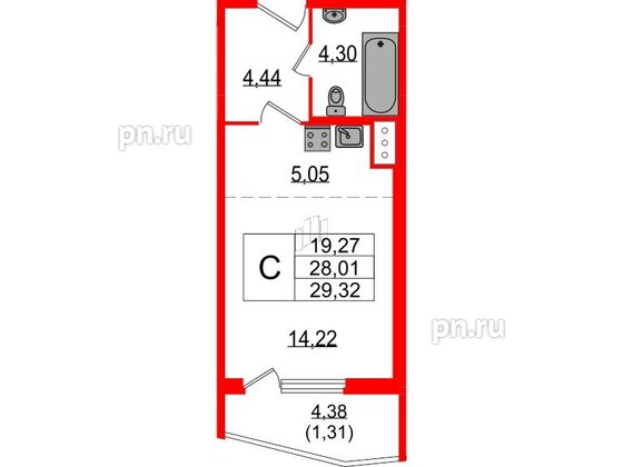 Квартира в ЖК Белевский клуб, студия, 29.32 м², 4 этаж