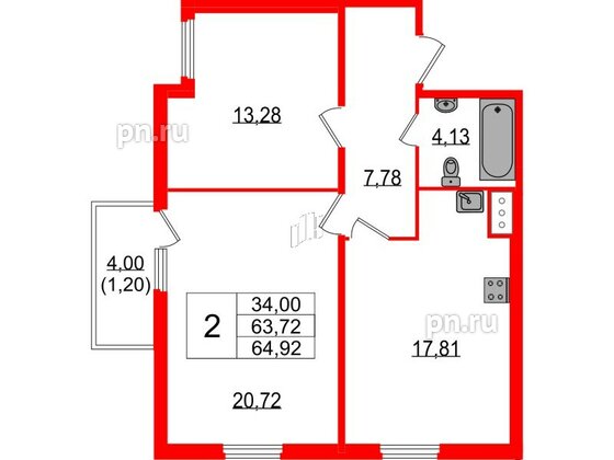 Квартира в ЖК Белевский клуб, 2 комнатная, 64.92 м², 4 этаж