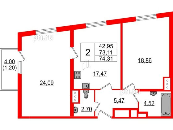 Квартира в ЖК Белевский клуб, 2 комнатная, 74.31 м², 3 этаж