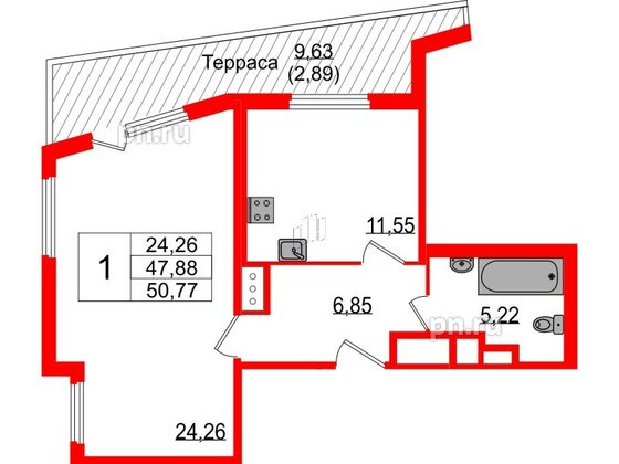 Квартира в ЖК Белевский клуб, 1 комнатная, 50.77 м², 8 этаж