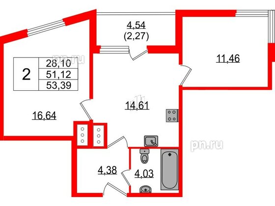 Квартира в ЖК Белевский клуб, 2 комнатная, 53.39 м², 8 этаж