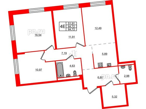 Квартира в ЖК Квартал Лаголово, 3 комнатная, 84.72 м², 1 этаж