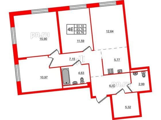 Квартира в ЖК Квартал Лаголово, 3 комнатная, 83.76 м², 2 этаж