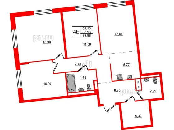 Квартира в ЖК Квартал Лаголово, 3 комнатная, 82.98 м², 4 этаж