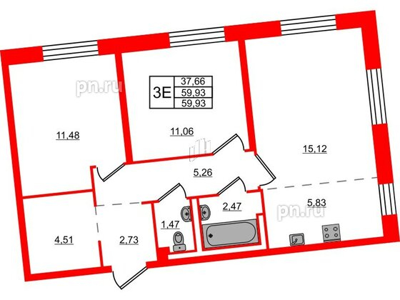 Квартира в ЖК Квартал Лаголово, 2 комнатная, 59.93 м², 1 этаж