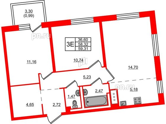 Квартира в ЖК Квартал Лаголово, 2 комнатная, 59.31 м², 5 этаж