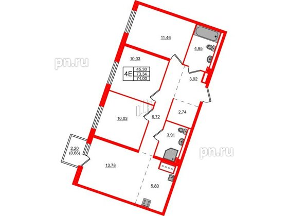 Квартира в ЖК Квартал Лаголово, 3 комнатная, 74 м², 4 этаж