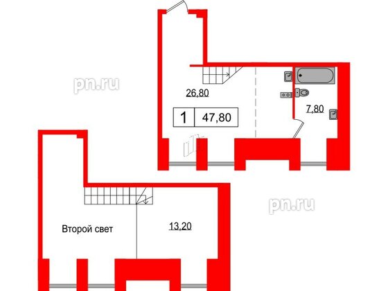 Апартаменты в ЖК Serebro Avenue Apart, 1 комнатные, 47.8 м², 2 этаж