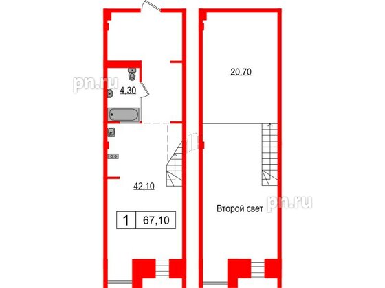 Апартаменты в ЖК Serebro Avenue Apart, 1 комнатные, 67.1 м², 2 этаж