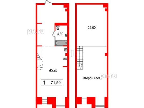 Апартаменты в ЖК Serebro Avenue Apart, 1 комнатные, 71.5 м², 2 этаж