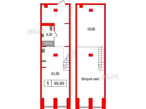 Апартаменты в ЖК Serebro Avenue Apart, 1 комнатные, 65.6 м², 2 этаж