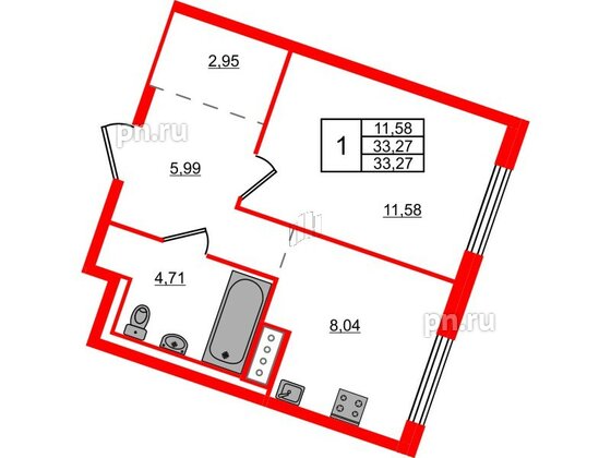 Квартира в ЖК Квартал Лаголово, 1 комнатная, 33.27 м², 9 этаж