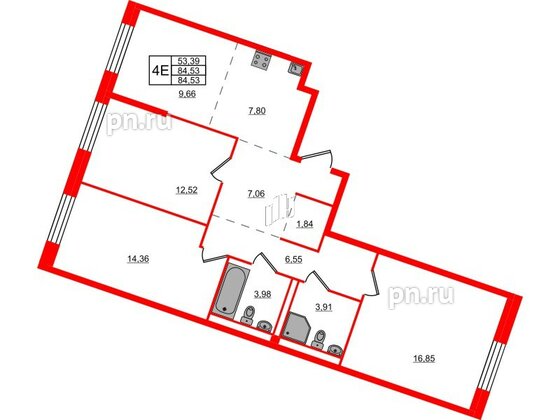 Квартира в ЖК Квартал Лаголово, 3 комнатная, 84.53 м², 1 этаж