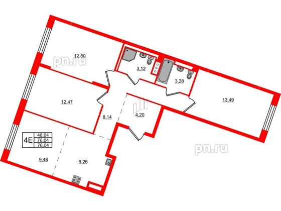 Квартира в ЖК Квартал Лаголово, 3 комнатная, 76.04 м², 9 этаж