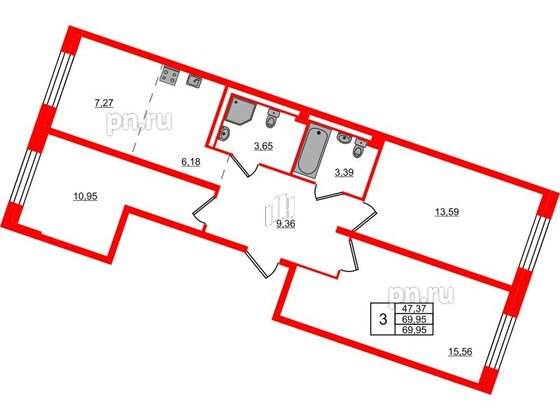 Квартира в ЖК Квартал Лаголово, 3 комнатная, 69.95 м², 1 этаж