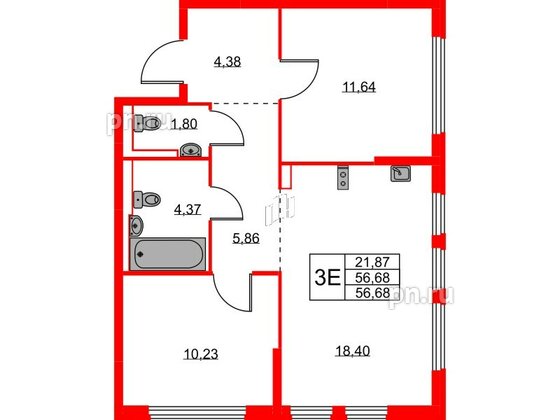 Квартира в ЖК Новое Колпино, 2 комнатная, 56.68 м², 1 этаж