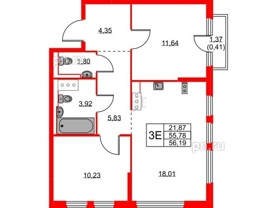 Квартира в ЖК Новое Колпино, 2 комнатная, 56.19 м², 9 этаж