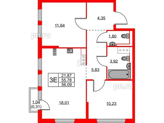 Квартира в ЖК Новое Колпино, 2 комнатная, 56.09 м², 8 этаж