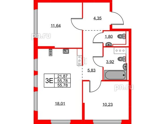 Квартира в ЖК Новое Колпино, 2 комнатная, 55.78 м², 11 этаж