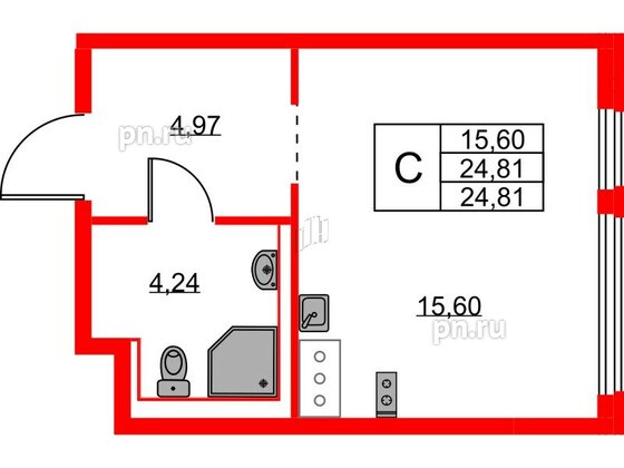 Квартира в ЖК Новое Колпино, студия, 24.81 м², 6 этаж