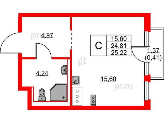 Квартира в ЖК Новое Колпино, студия, 25.22 м², 9 этаж