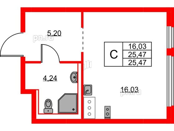 Квартира в ЖК Новое Колпино, студия, 25.47 м², 6 этаж