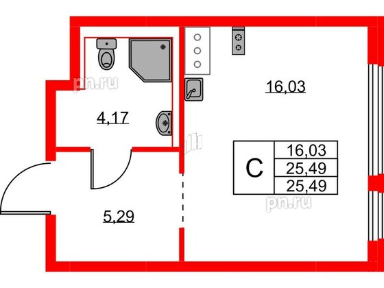 Квартира в ЖК Новое Колпино, студия, 25.49 м², 2 этаж