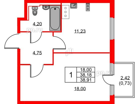 Квартира в ЖК Новое Колпино, 1 комнатная, 38.91 м², 5 этаж