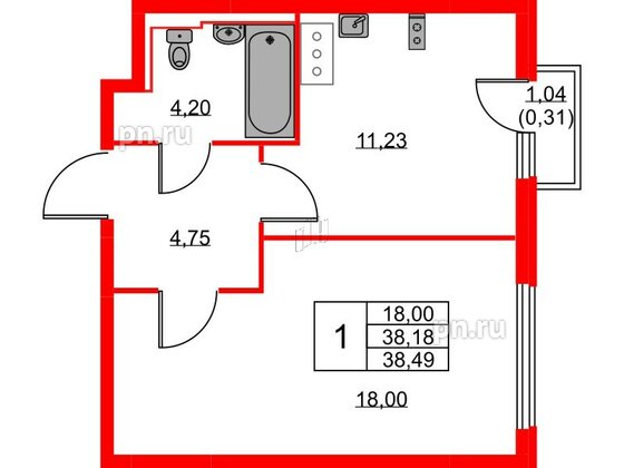 Квартира в ЖК Новое Колпино, 1 комнатная, 38.49 м², 9 этаж