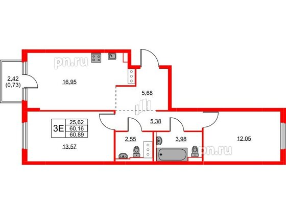 Квартира в ЖК Новое Колпино, 2 комнатная, 60.89 м², 5 этаж