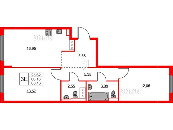 Квартира в ЖК Новое Колпино, 2 комнатная, 60.16 м², 6 этаж