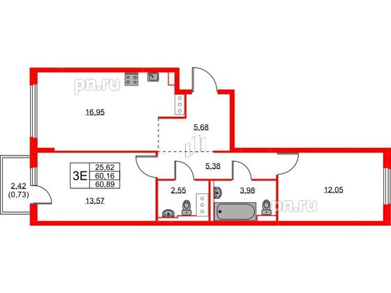 Квартира в ЖК Новое Колпино, 2 комнатная, 60.89 м², 7 этаж