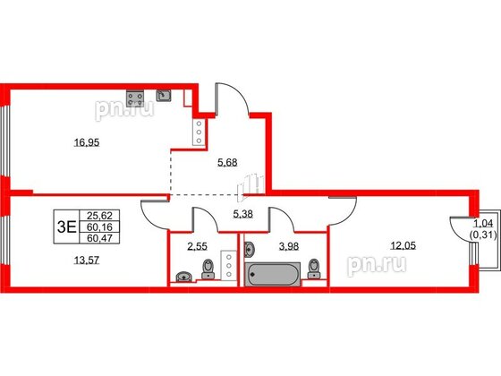 Квартира в ЖК Новое Колпино, 2 комнатная, 60.47 м², 9 этаж