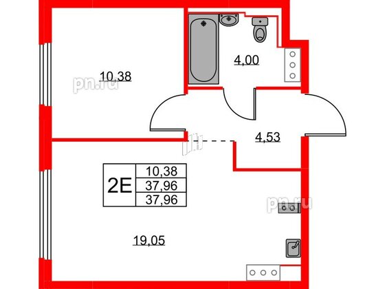 Квартира в ЖК Новое Колпино, 1 комнатная, 37.96 м², 5 этаж