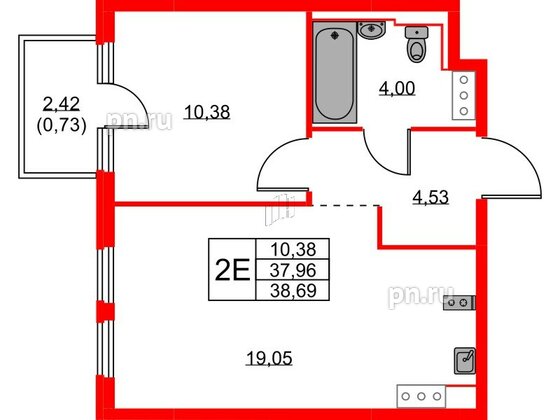 Квартира в ЖК Новое Колпино, 1 комнатная, 38.69 м², 7 этаж