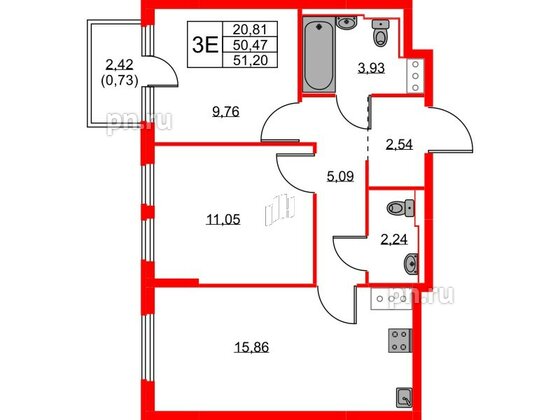 Квартира в ЖК Новое Колпино, 2 комнатная, 51.2 м², 7 этаж