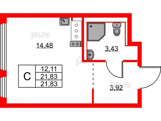 Квартира в ЖК Новое Колпино, студия, 21.83 м², 2 этаж