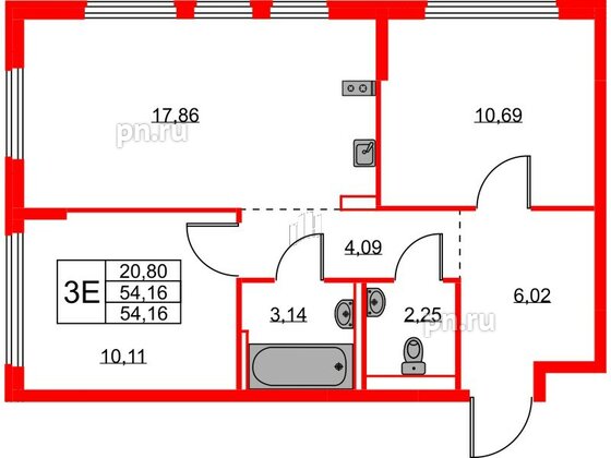 Квартира в ЖК Новое Колпино, 2 комнатная, 54.16 м², 1 этаж