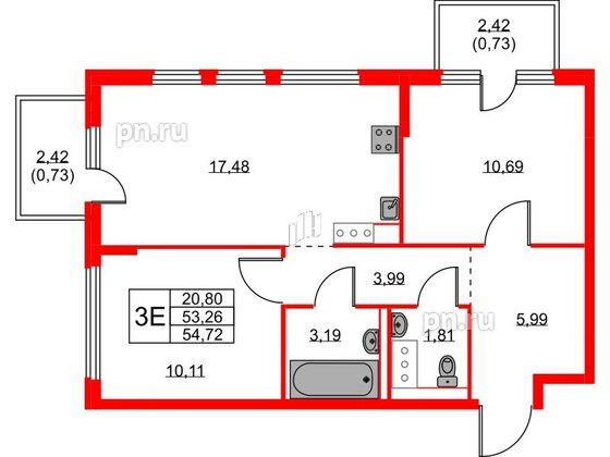 Квартира в ЖК Новое Колпино, 2 комнатная, 54.72 м², 3 этаж