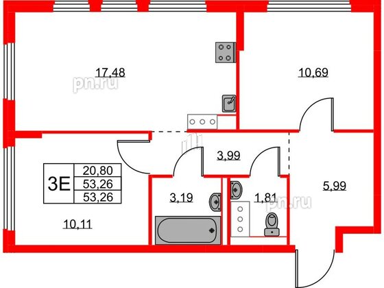 Квартира в ЖК Новое Колпино, 2 комнатная, 53.26 м², 8 этаж