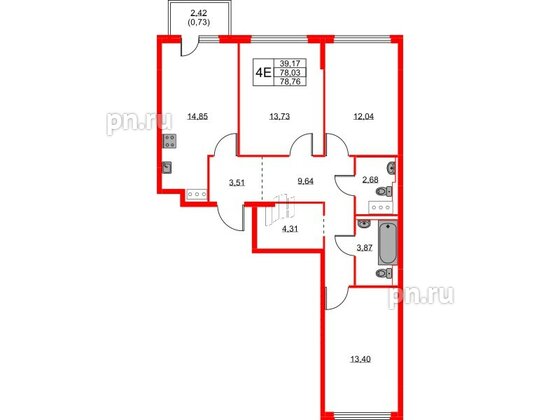 Квартира в ЖК Новое Колпино, 3 комнатная, 78.76 м², 5 этаж