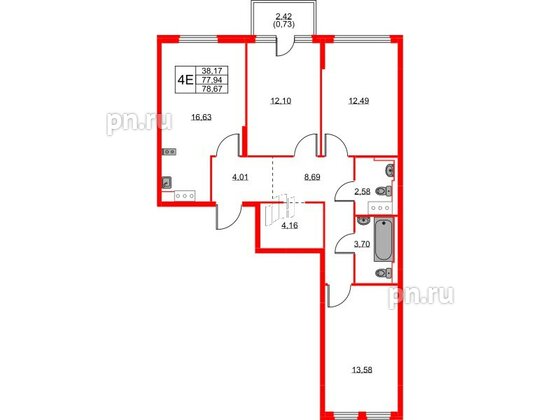 Квартира в ЖК Новое Колпино, 3 комнатная, 78.67 м², 5 этаж